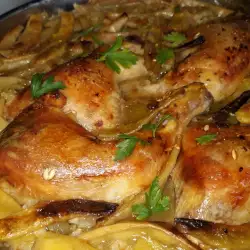 Пилешки бутчета с ориз и зелен фасул във фурна
