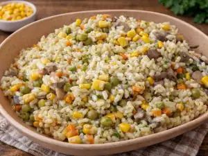 Ориз със зеленчуци и гъби на тиган