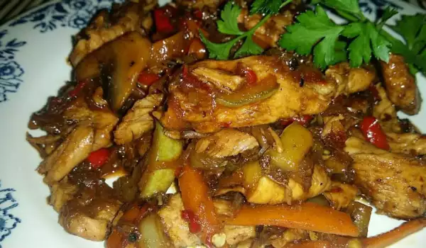 Пилешко с гъби и зеленчуци по китайски